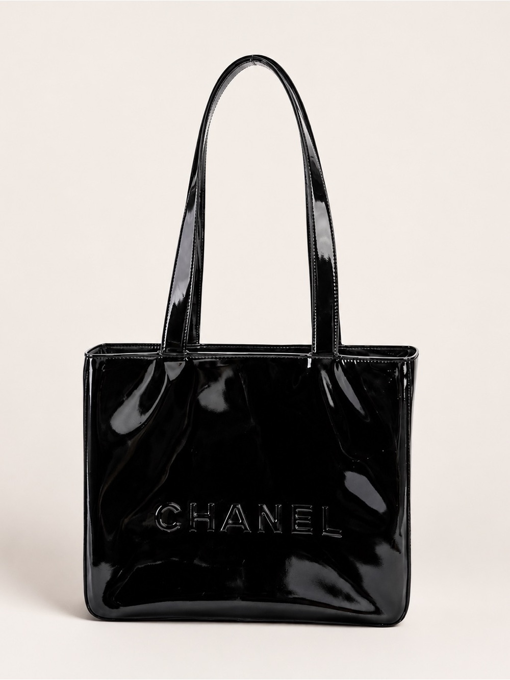 CHANEL Black Patent Logo Tote
